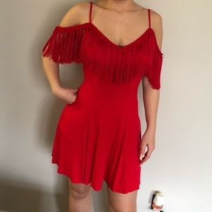 ASOS Cold Shoulder Red Mini Dress with Tassels